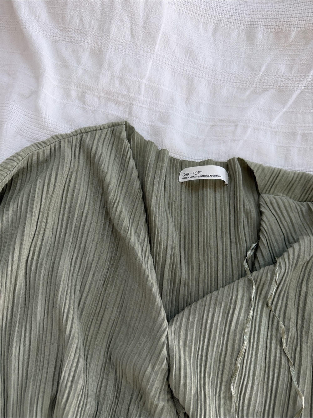 OAK + FORT Olive Green Pleated Wrap-Style Midi Dress